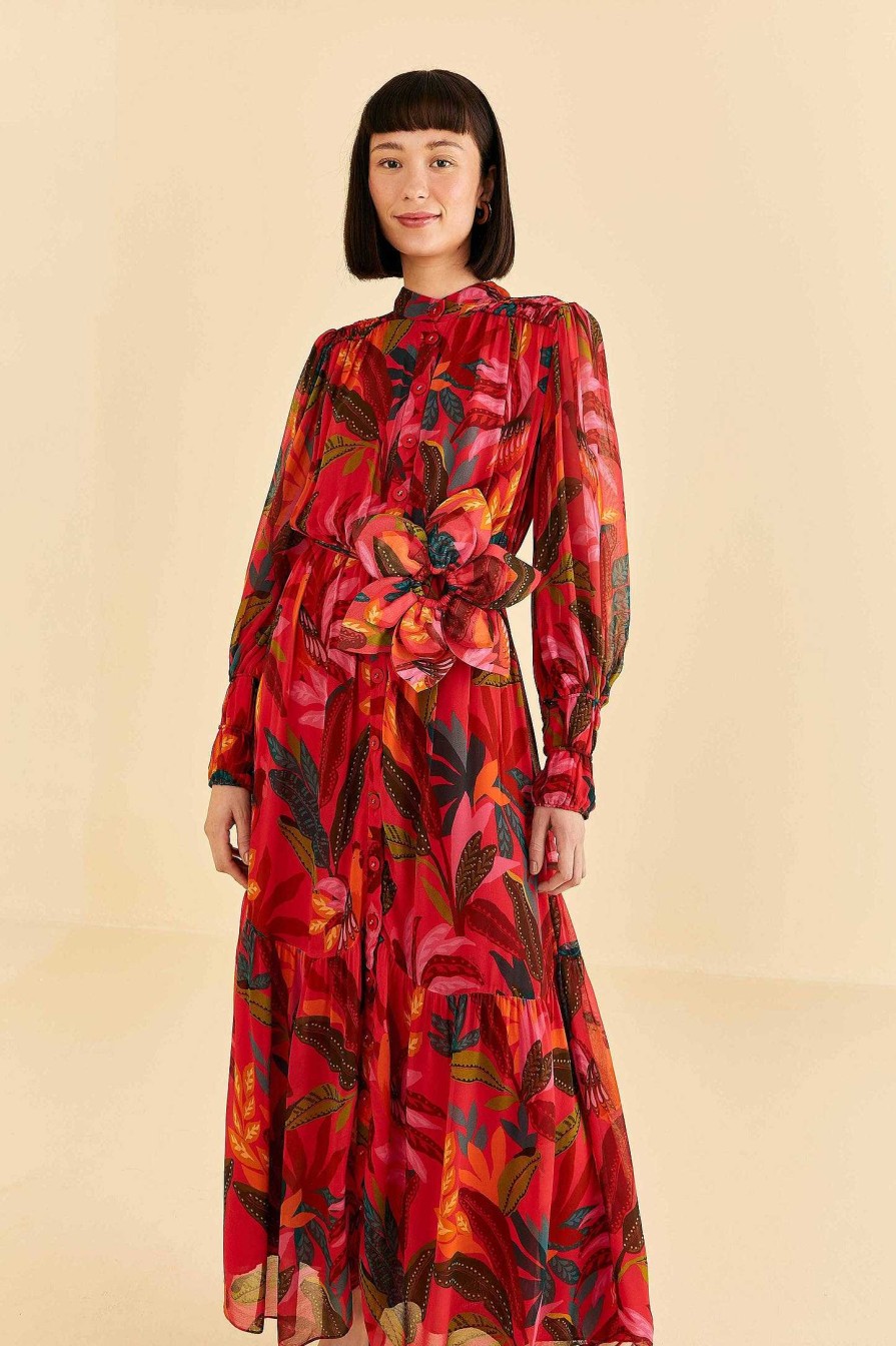 Dresses FARM Rio | Red Rooster Leaves Long Sleeve Maxi Dress