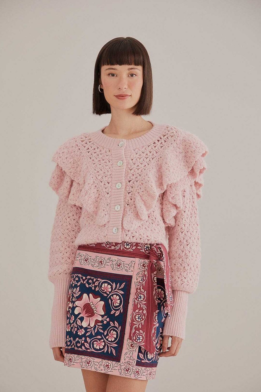 Knitwear FARM Rio | Pink Flower Texture Knit Cardigan