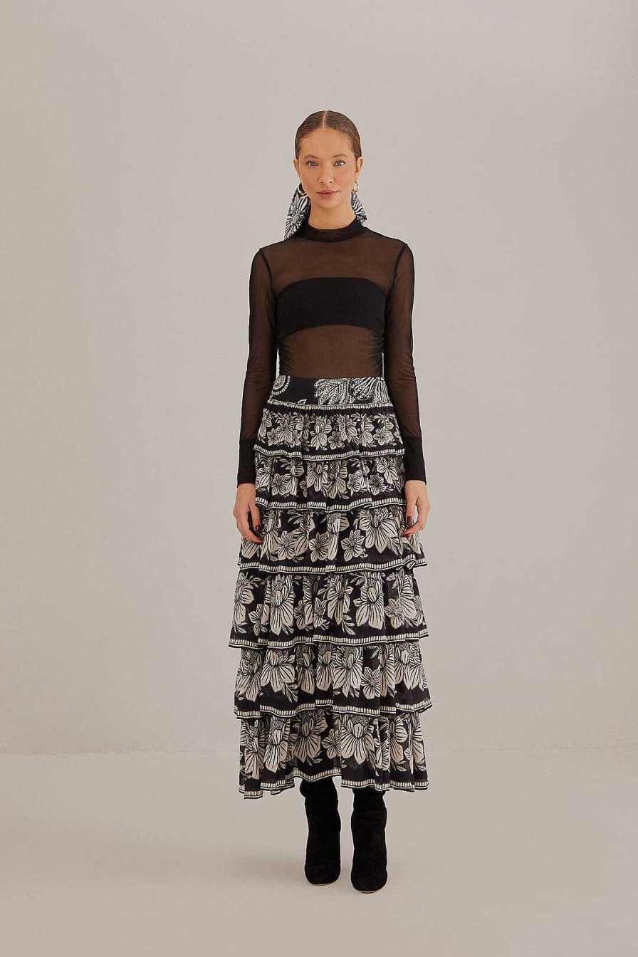 Bottoms FARM Rio | Black Paisley Bloom Tiered Skirt