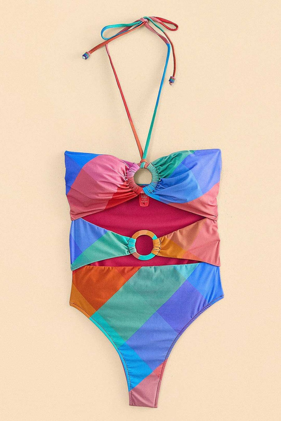 Swimwear FARM Rio | Blue Painted Birds Plaid Halter Neck One-Piece Swimsuit