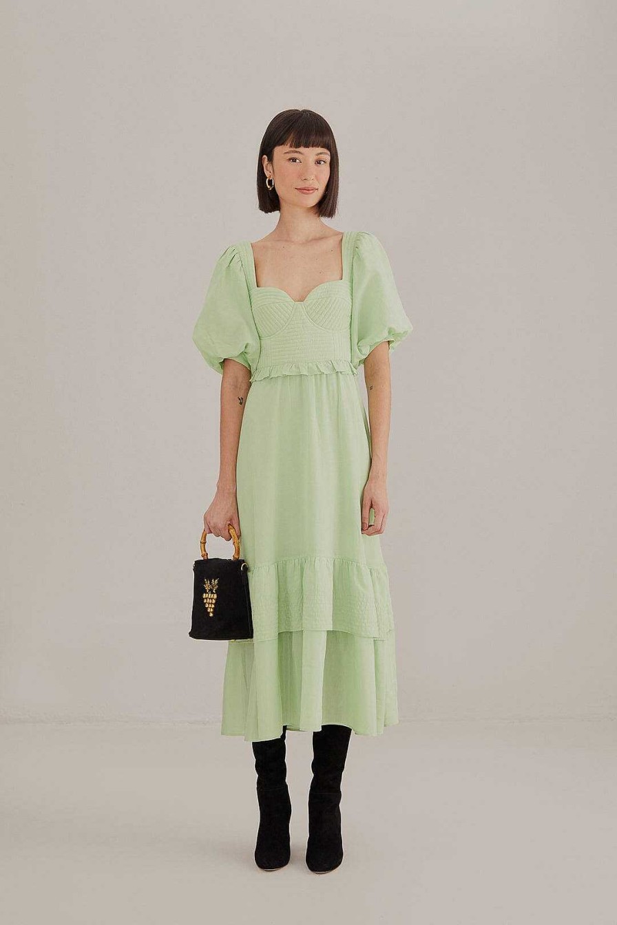 Dresses FARM Rio | Soft Green Short Sleeve Midi Dress