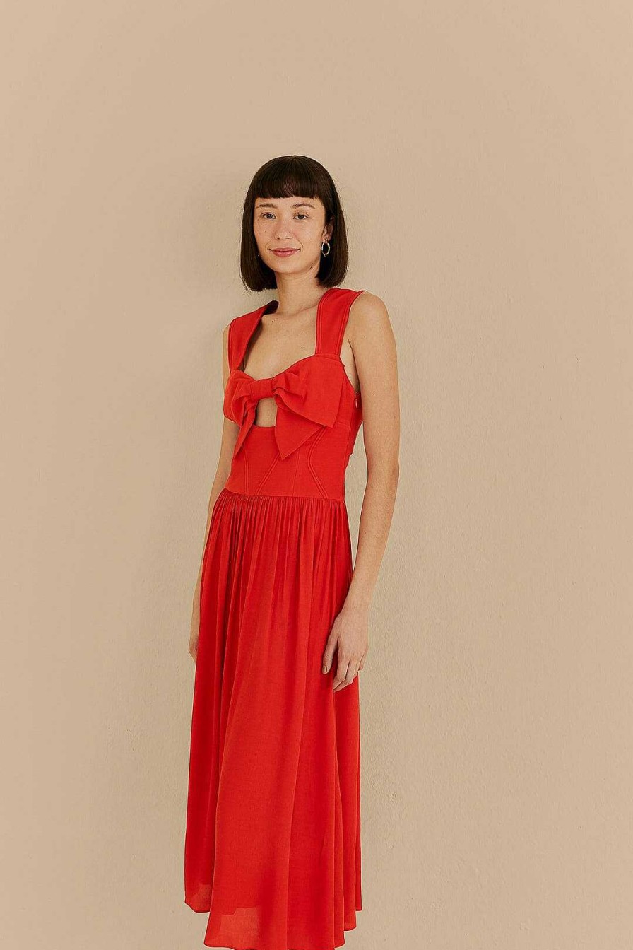 Dresses FARM Rio | Red Bow Sleeveless Midi Dress