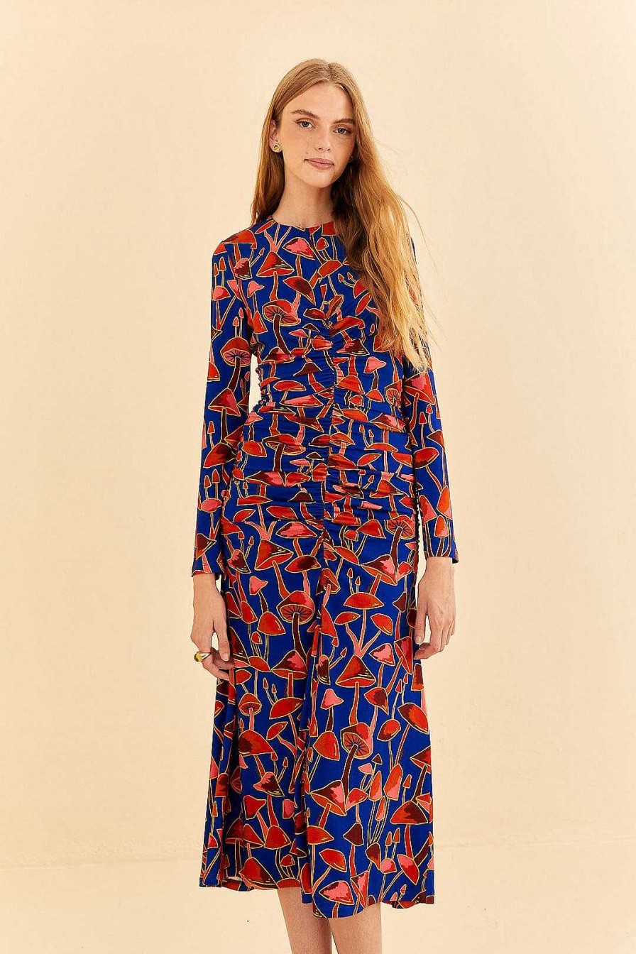 Dresses FARM Rio | Bright Blue Mushroom Sketch Midi Dress