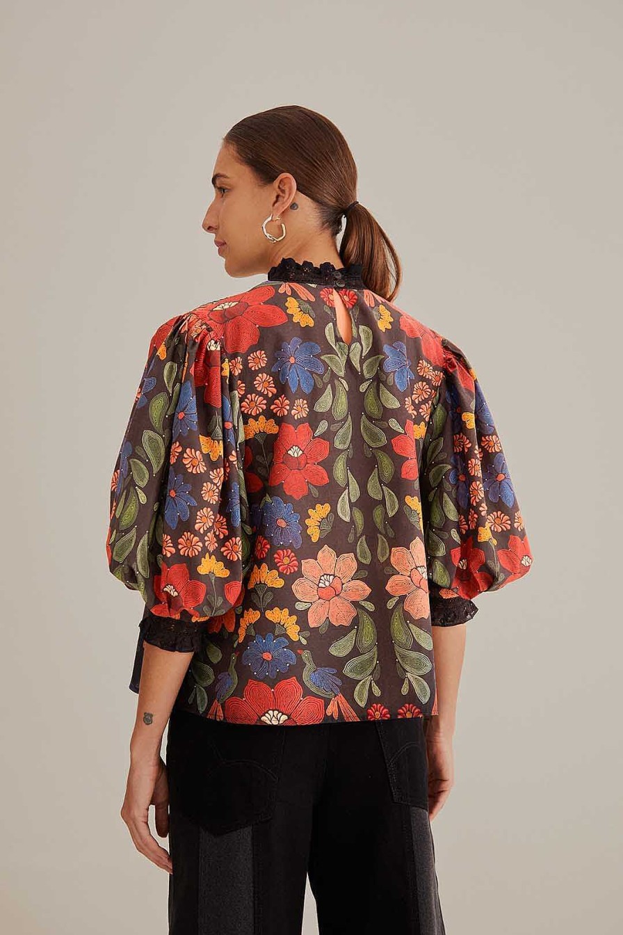 Tops, Shirts & Blouses FARM Rio | Black Stitched Flowers Short Sleeve Blouse