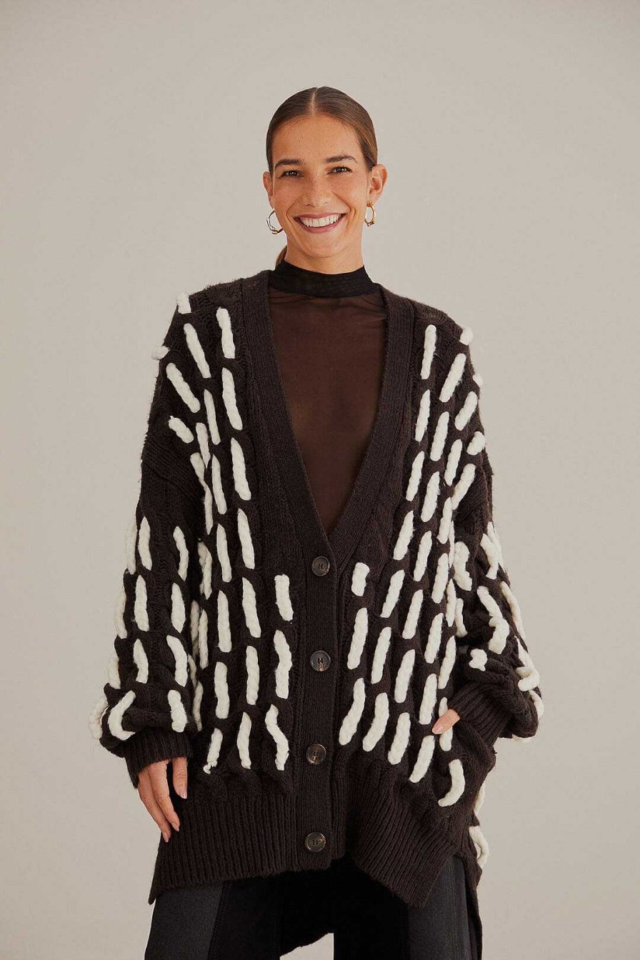 Knitwear FARM Rio | Black And White Textured Knit Cardigan