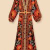 Dresses FARM Rio | Red Nature Beauty Scarf Long Sleeve Maxi Dress