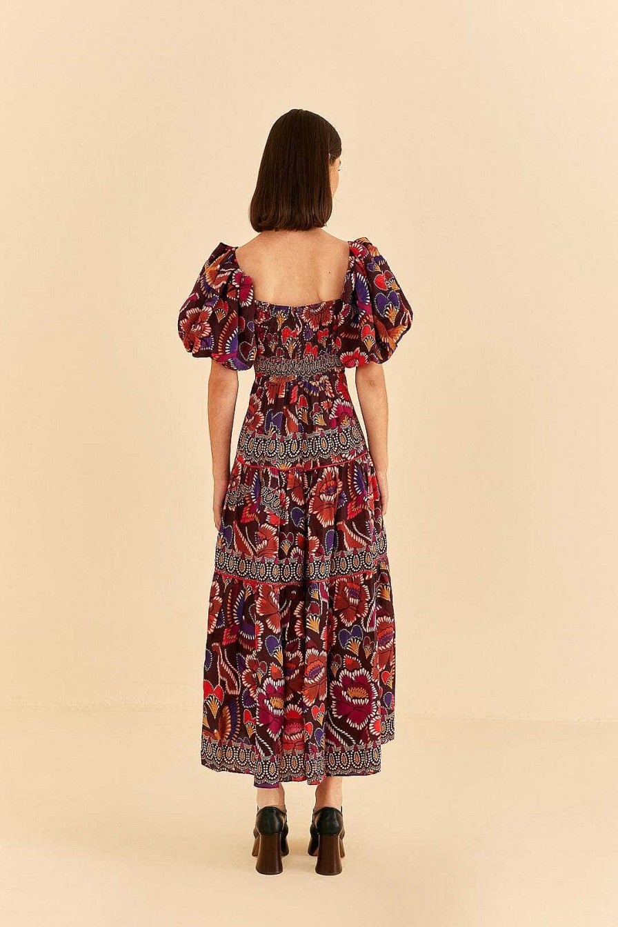 Dresses FARM Rio | Brown Bright Flora Short Sleeve Midi Dress