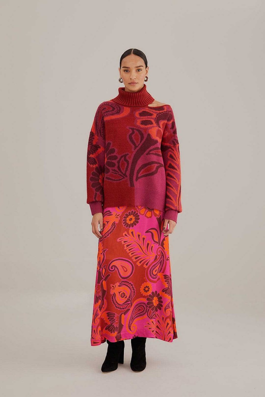 Bottoms FARM Rio | Pink Bold Floral Satin Maxi Skirt