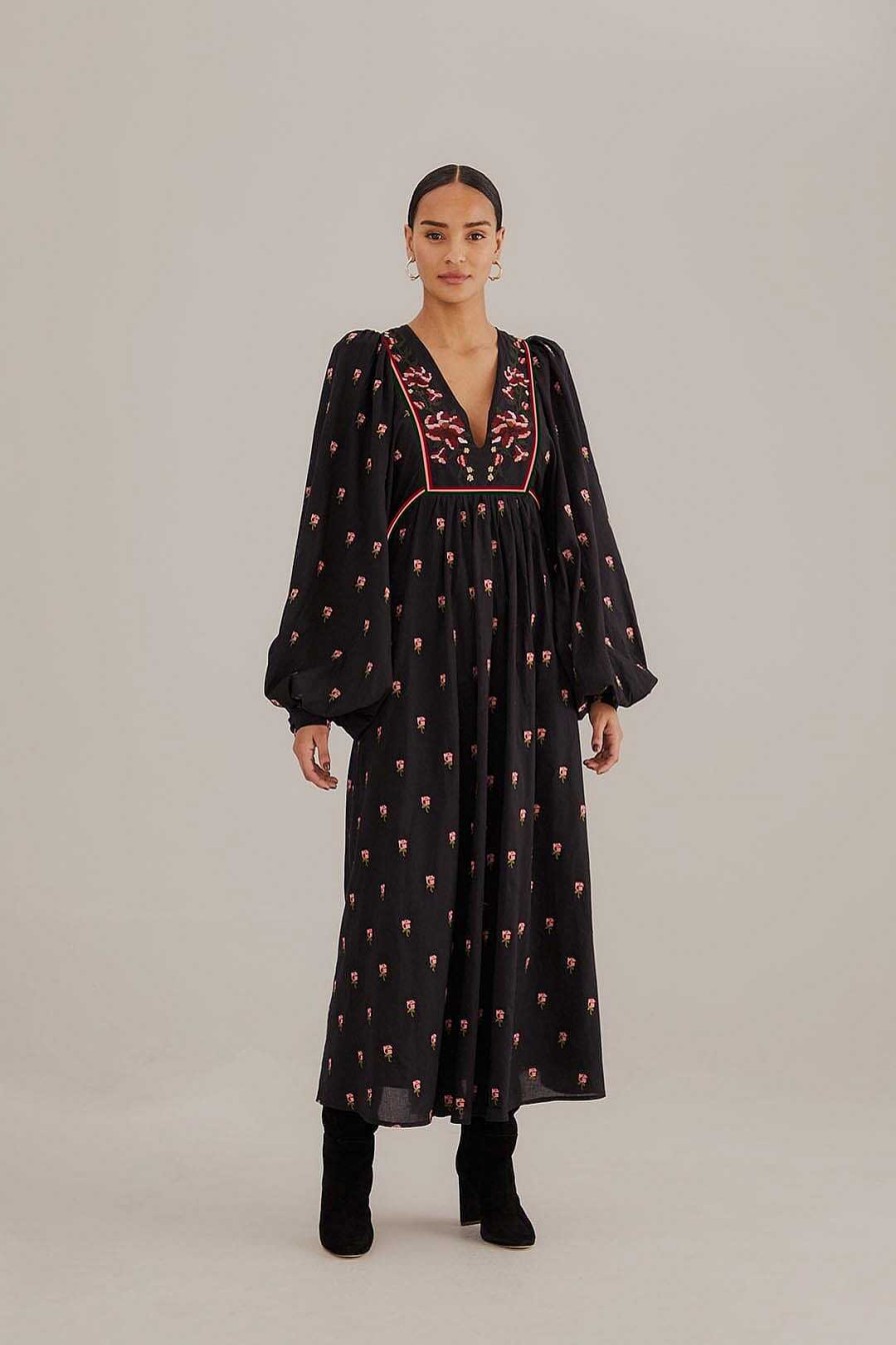 Dresses FARM Rio | Black Floral Embroidered V Neck Maxi Dress