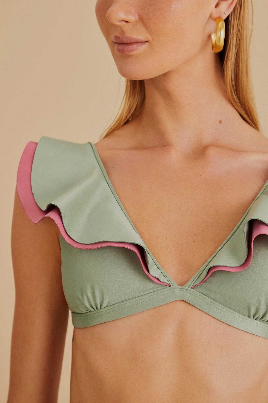 Swimwear FARM Rio | Green Ruffle Bikini Top