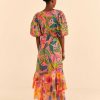 Dresses FARM Rio | Coral Mixed Graphic Macaws Puff Sleeve Midi Dress