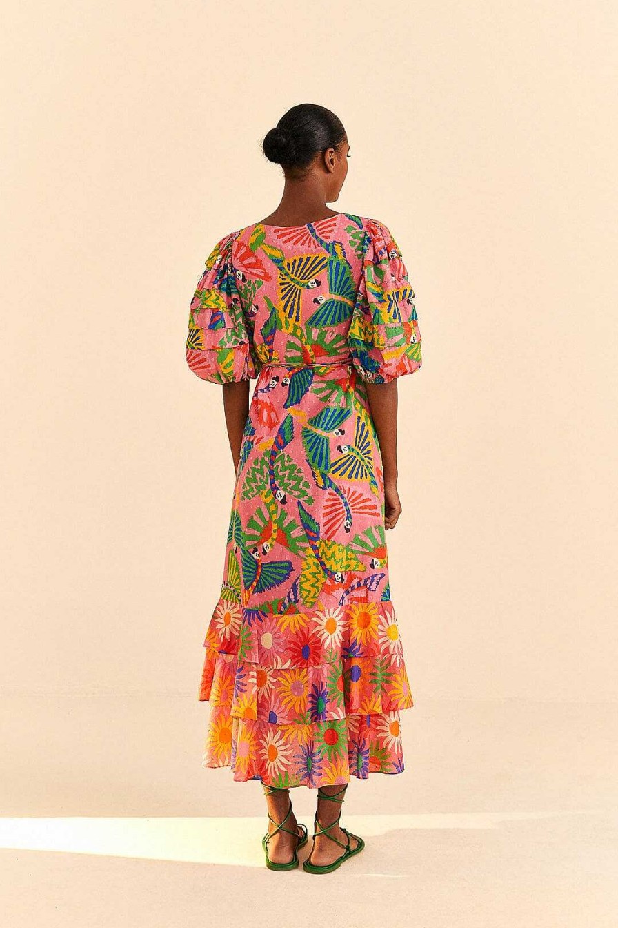 Dresses FARM Rio | Coral Mixed Graphic Macaws Puff Sleeve Midi Dress