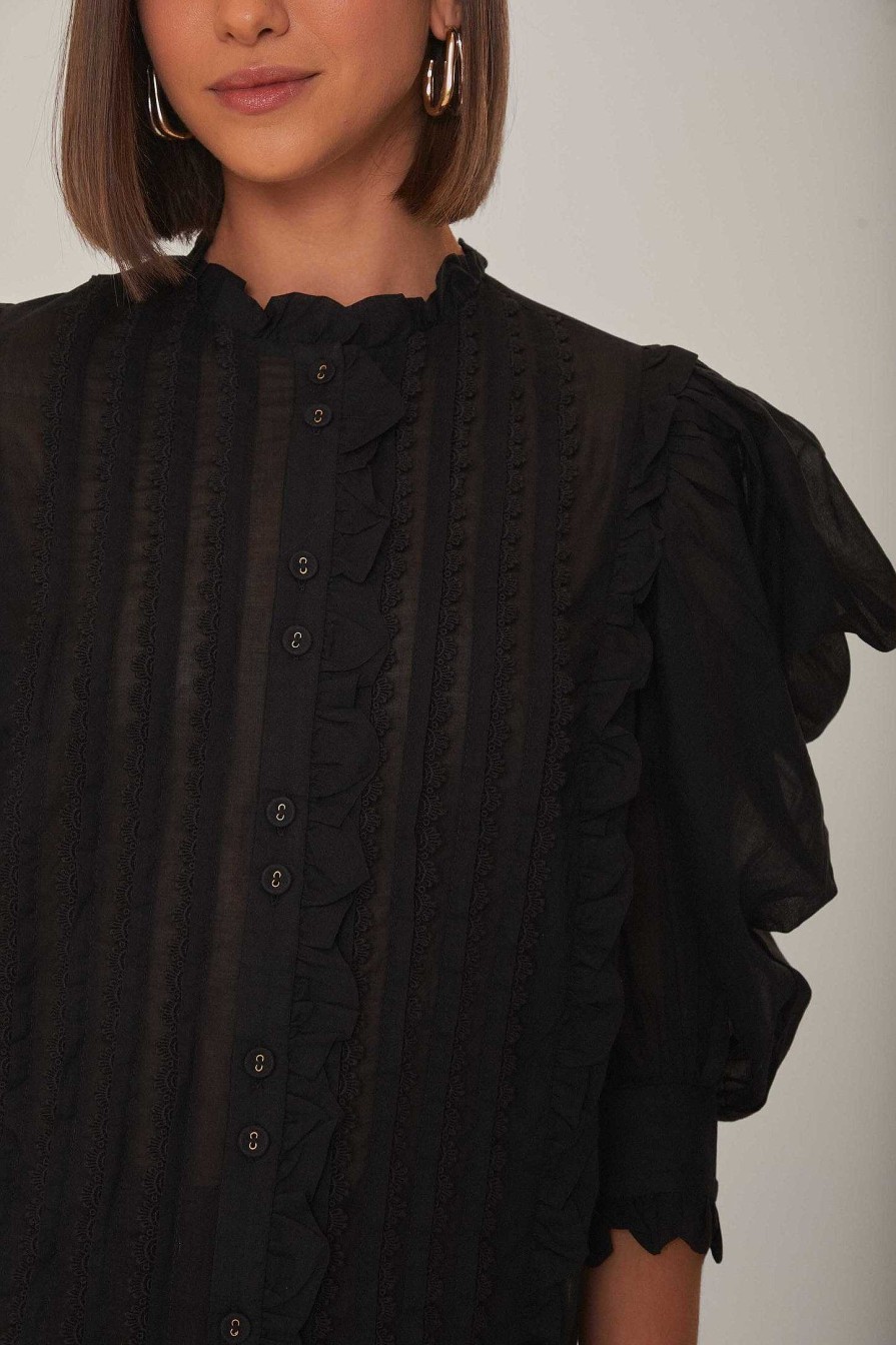 Tops, Shirts & Blouses FARM Rio | Black Short Sleeve Pleated Blouse