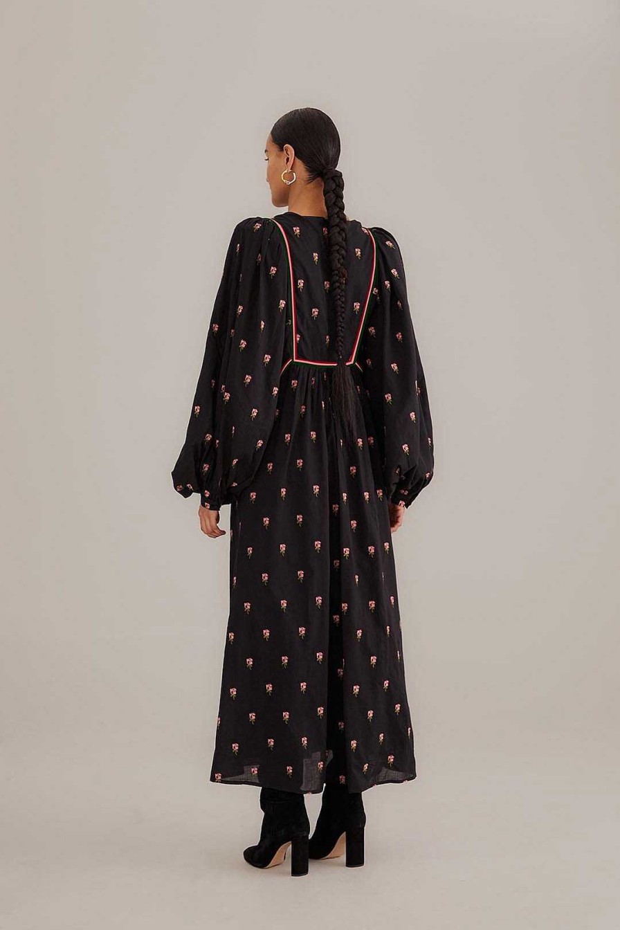 Dresses FARM Rio | Black Floral Embroidered V Neck Maxi Dress