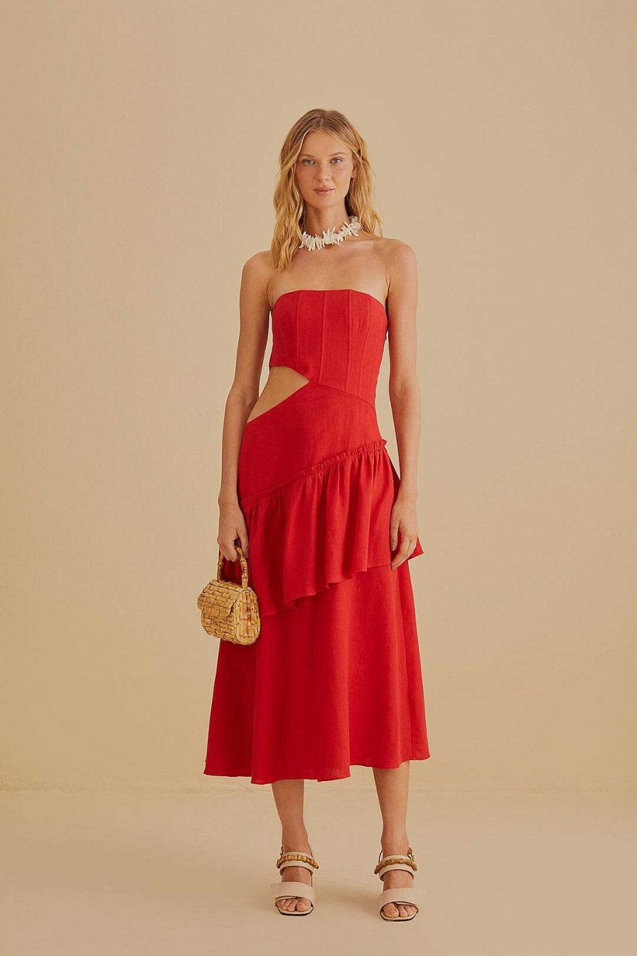 Dresses FARM Rio | Red Cut Out Strapless Midi Dress