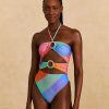 Swimwear FARM Rio | Blue Painted Birds Plaid Halter Neck One-Piece Swimsuit