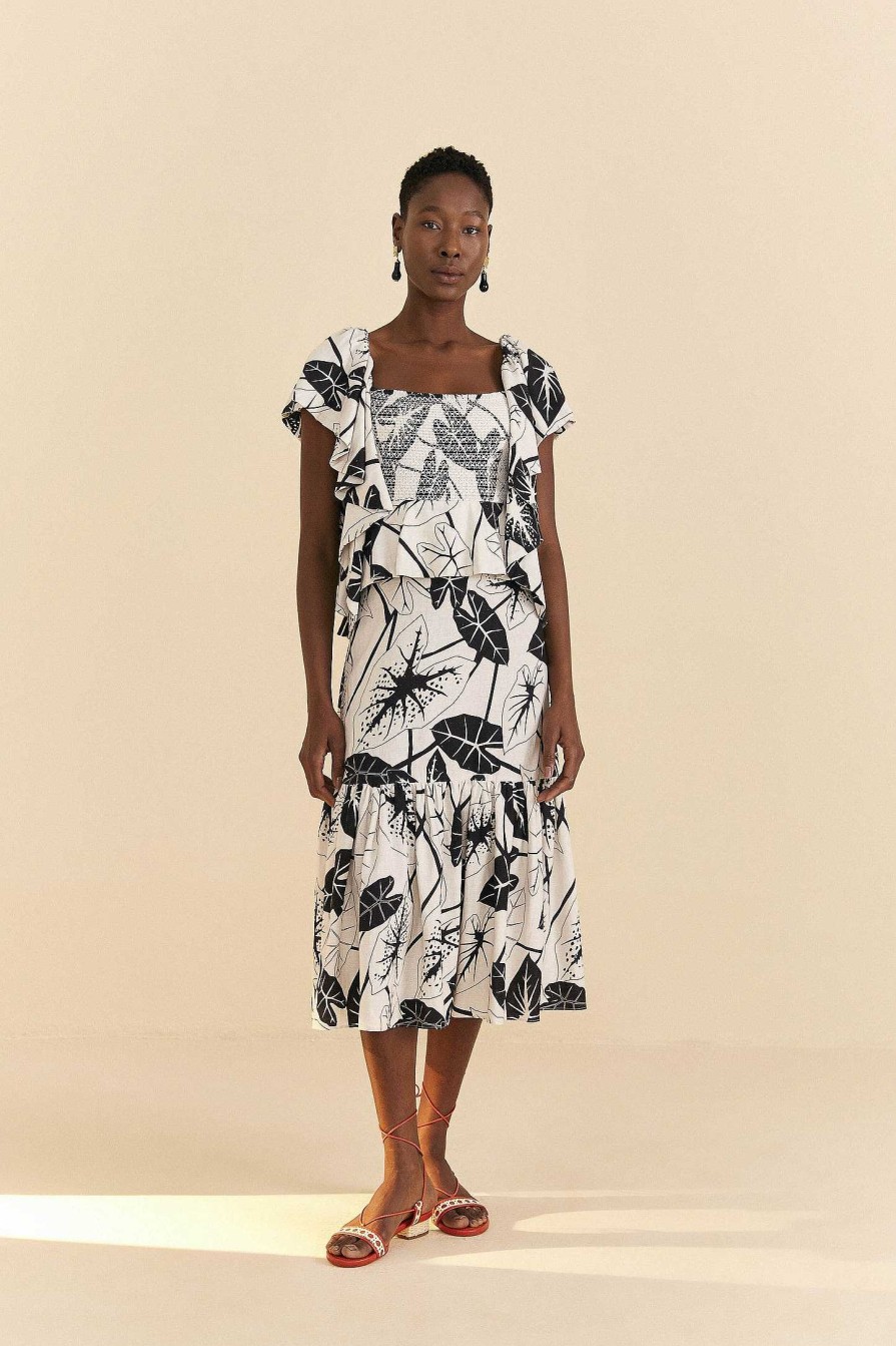 Dresses FARM Rio | Off-White Graphic Leaves Midi Dress