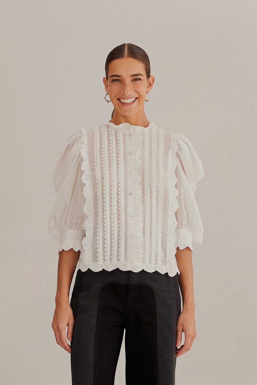 Tops, Shirts & Blouses FARM Rio | Off-White Short Sleeve Pleated Blouse