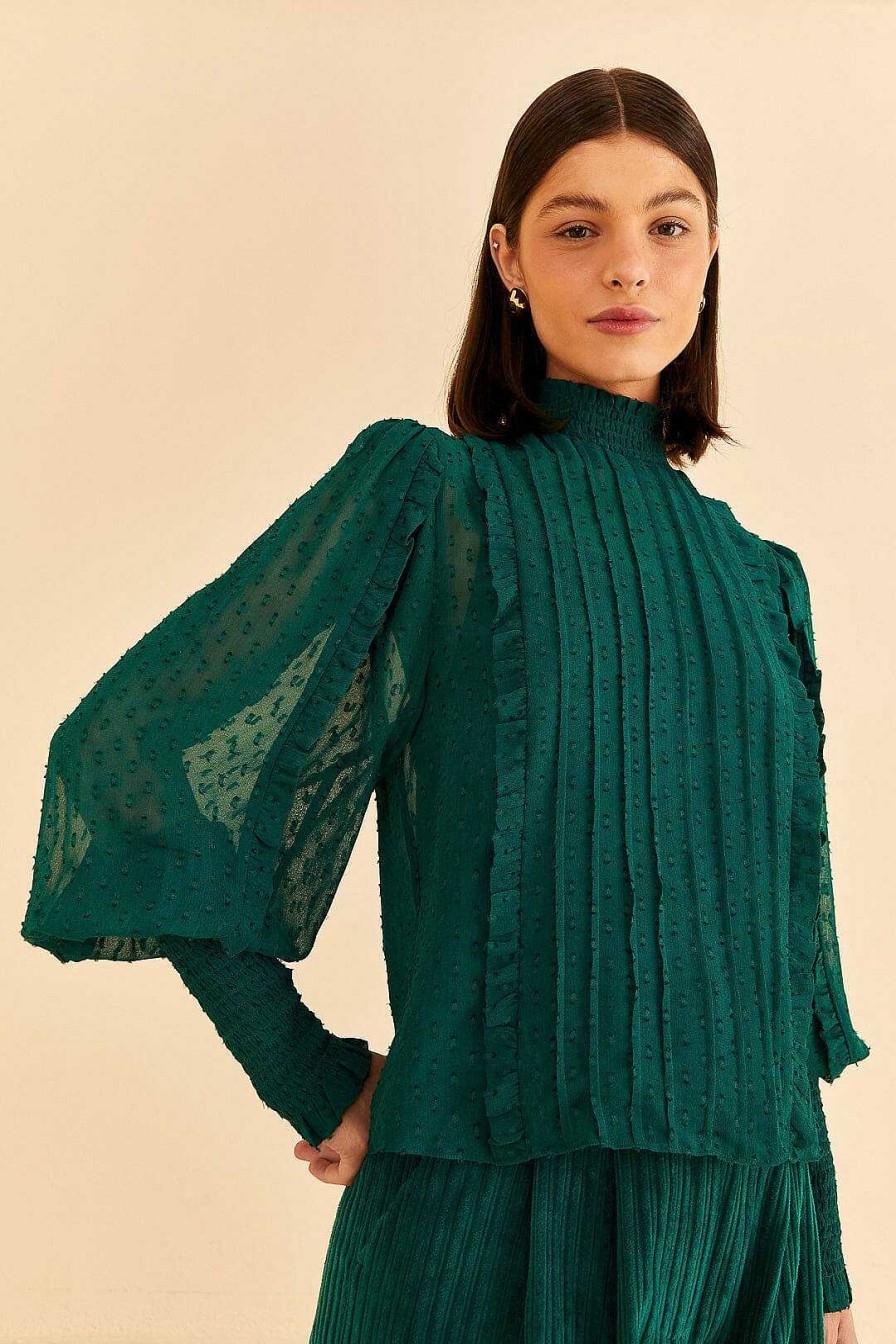 Tops, Shirts & Blouses FARM Rio | Emerald Ruffle Long Sleeve Blouse