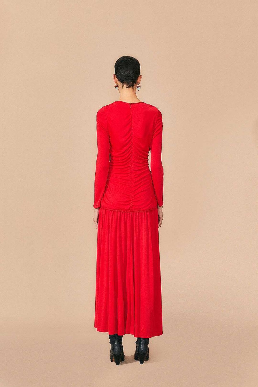 Dresses FARM Rio | Red V Neckline Long Sleeve Midi Dress