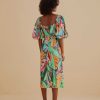 Dresses FARM Rio | Multicolor Banana Foliage Puff Sleeve Midi Dress