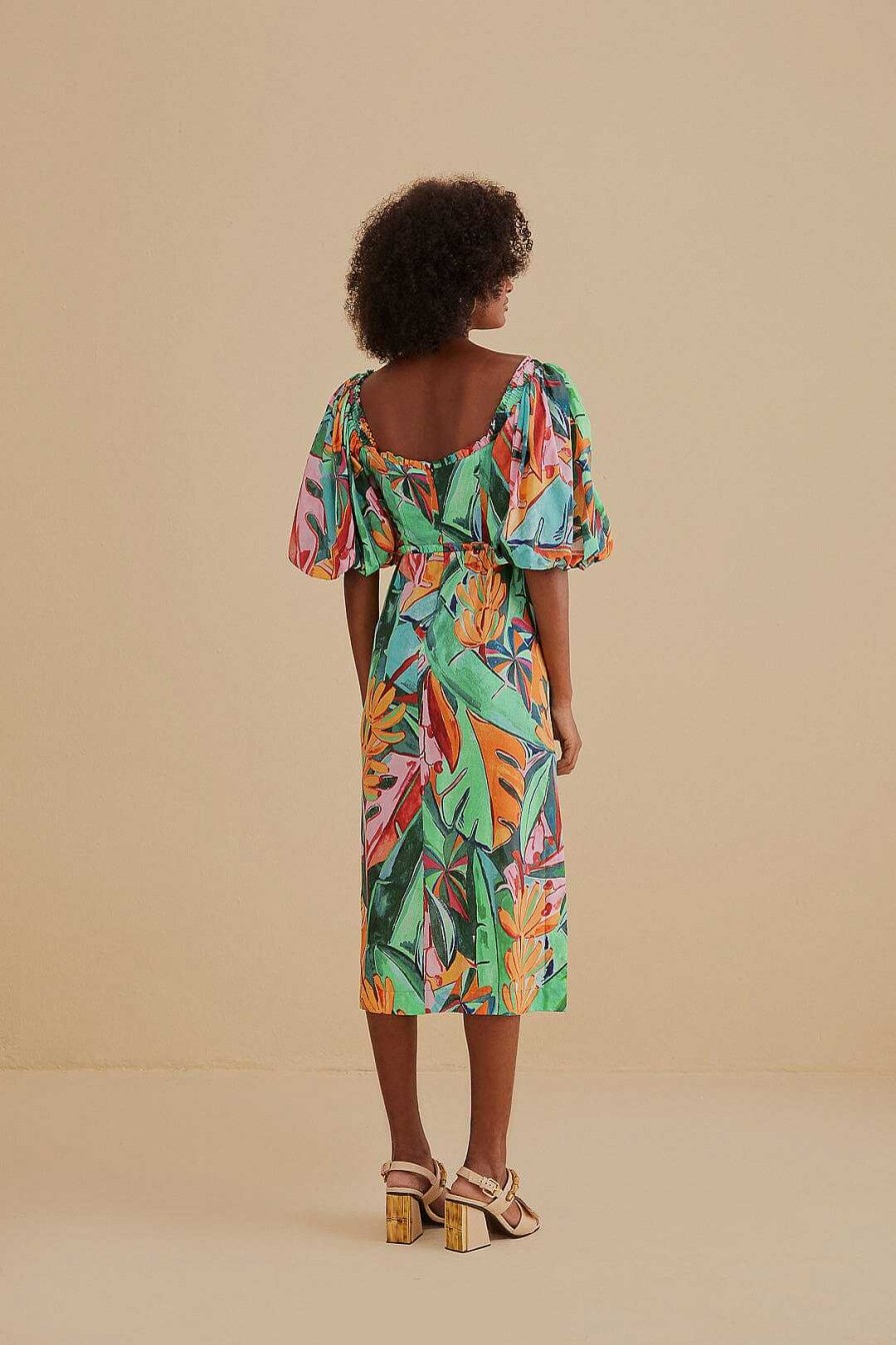 Dresses FARM Rio | Multicolor Banana Foliage Puff Sleeve Midi Dress